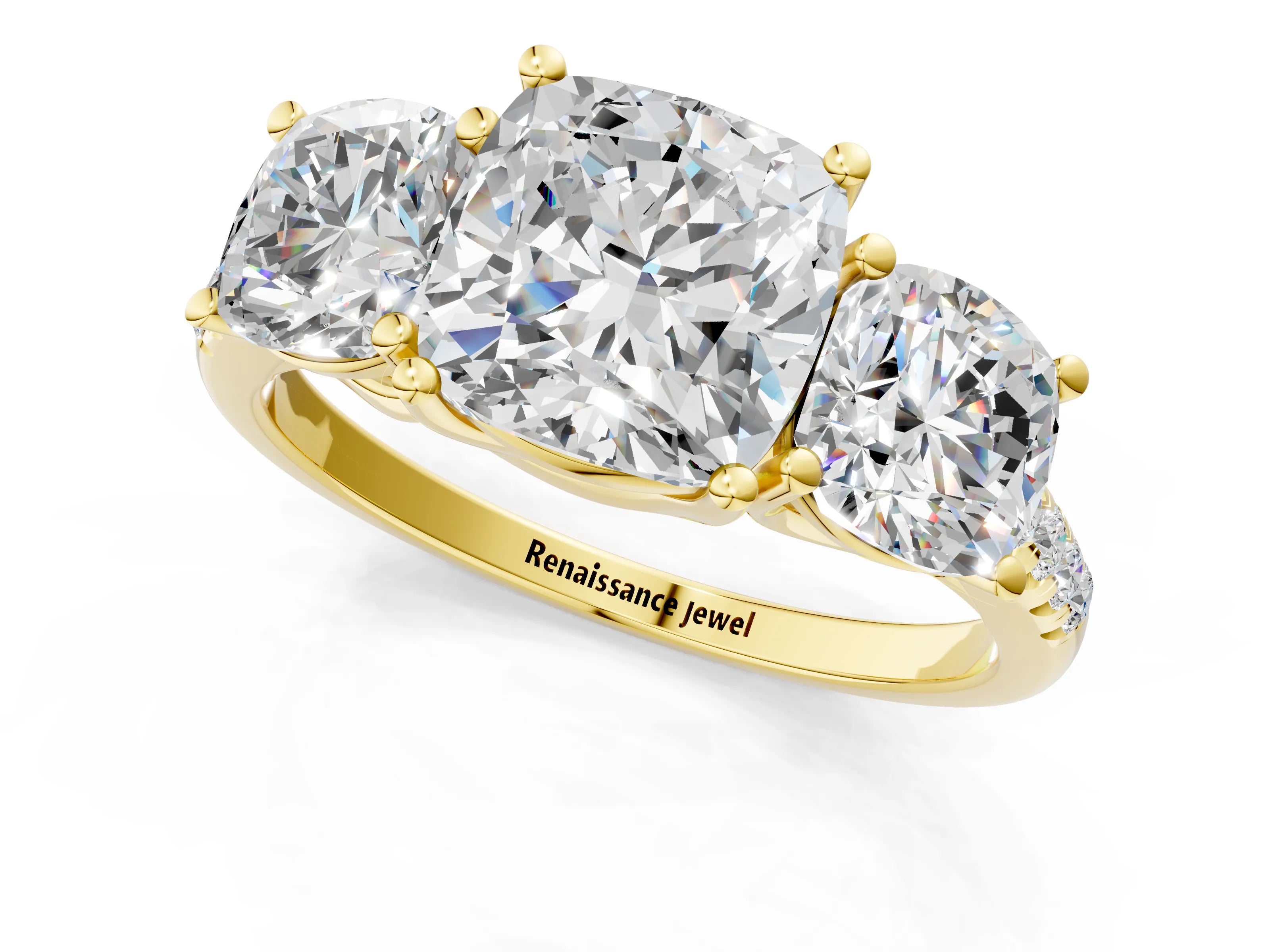 Yellow gold Three-Stone Cushion Cut Diamond Ring with Round with Moissanite side stone Pavé Band and Prong Setting_1