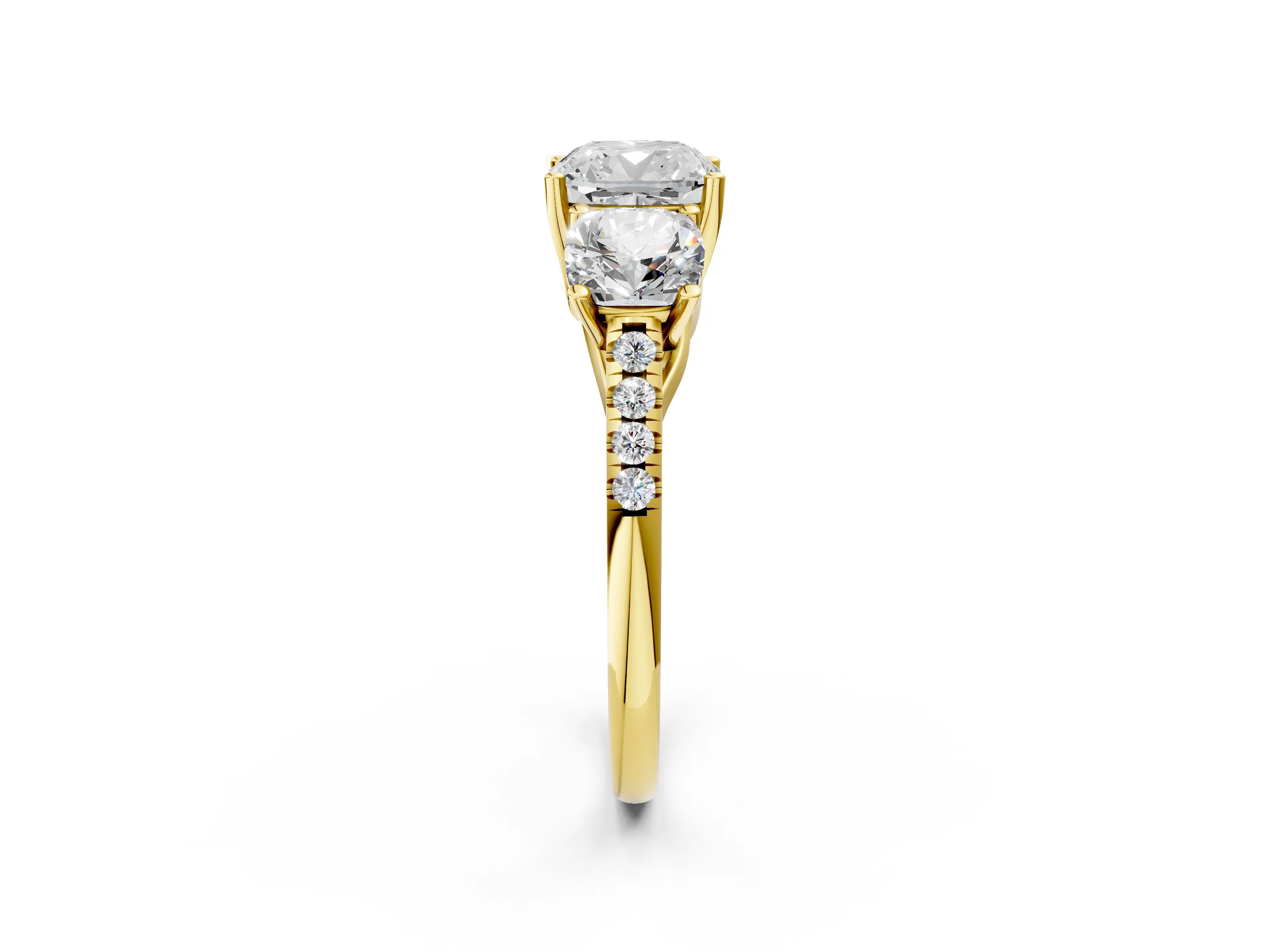 Yellow gold Three-Stone Cushion Cut Diamond Ring with Round with Moissanite side stone Pavé Band and Prong Setting_2