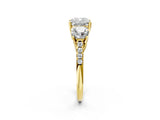 Yellow gold Three-Stone Cushion Cut Diamond Ring with Round with Moissanite side stone Pavé Band and Prong Setting_2