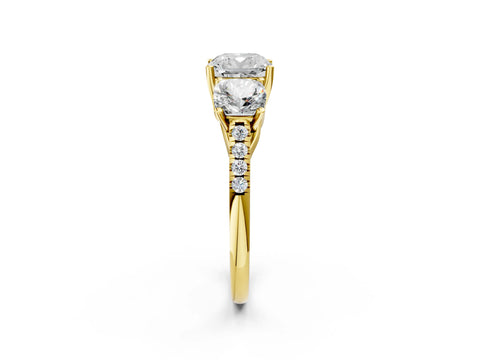 Yellow gold Three-Stone Cushion Cut Diamond Ring with Round with Moissanite side stone Pavé Band and Prong Setting_2