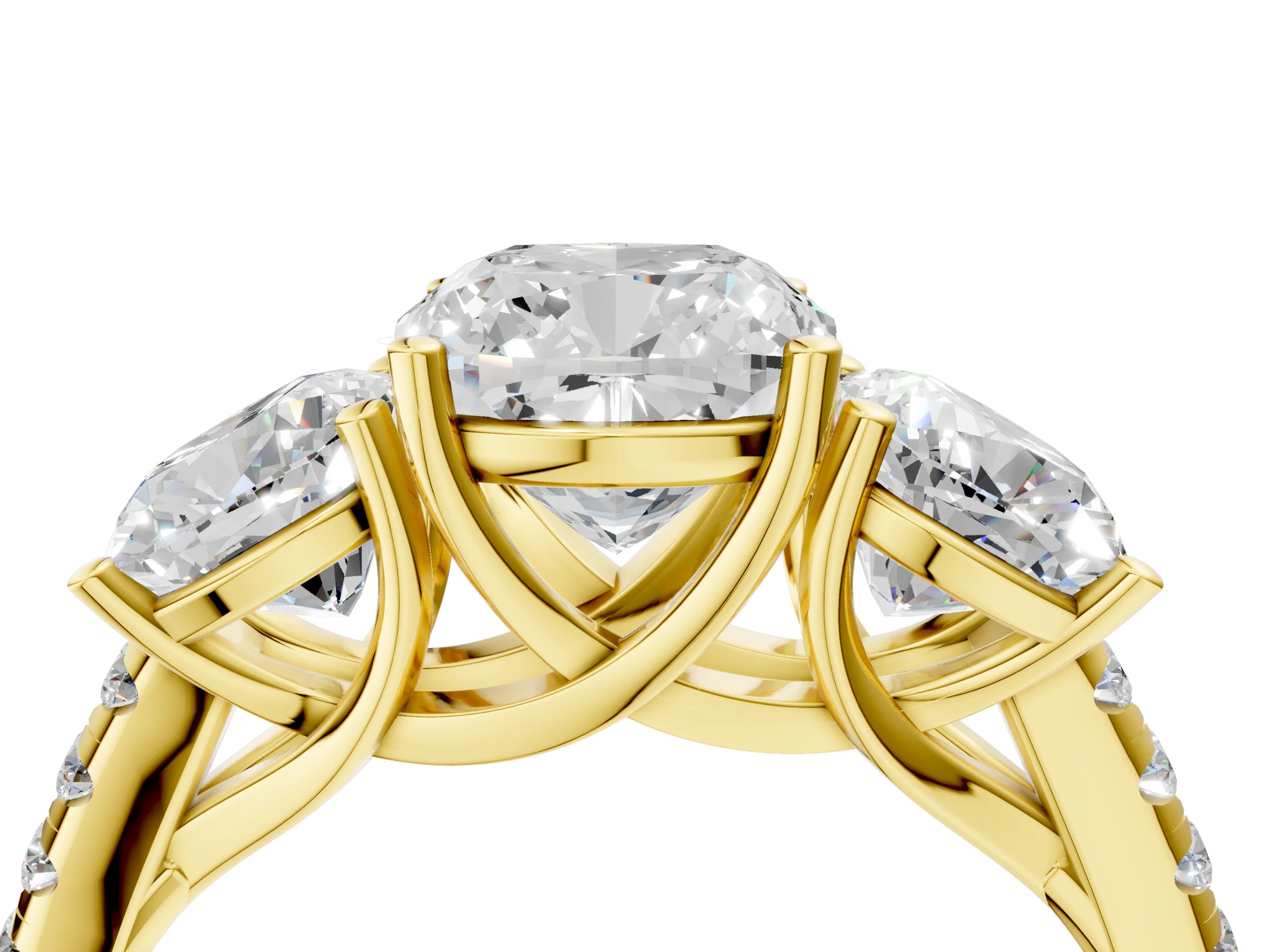 Yellow gold Three-Stone Cushion Cut Diamond Ring with Round with Moissanite side stone Pavé Band and Prong Setting_4
