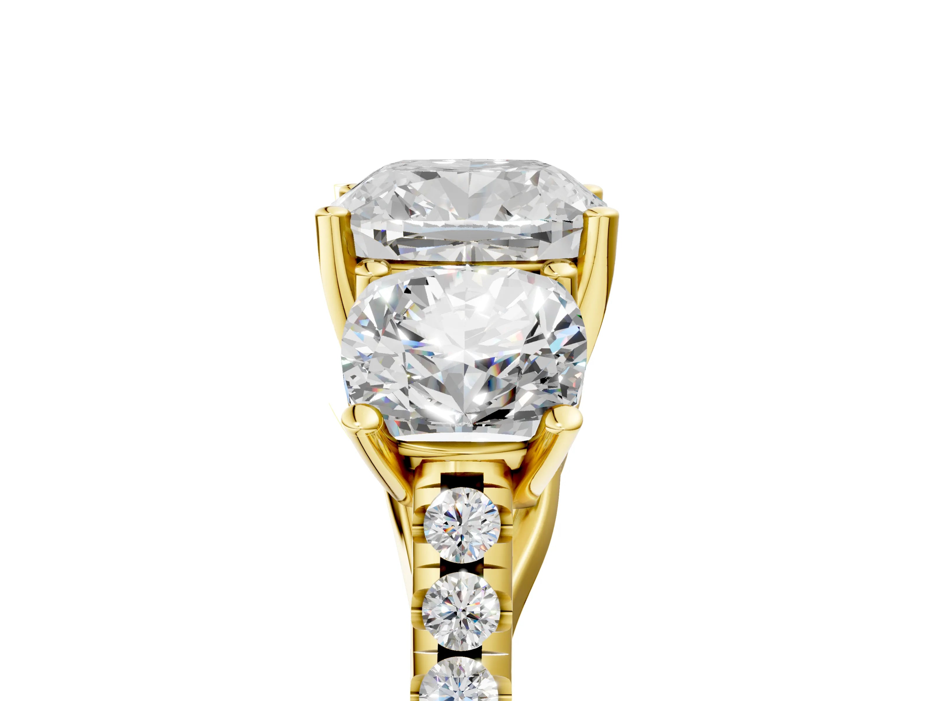 Yellow gold Three-Stone Cushion Cut Diamond Ring with Round with Moissanite side stone Pavé Band and Prong Setting_5