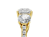 Yellow gold Three-Stone Cushion Cut Diamond Ring with Round with Moissanite side stone Pavé Band and Prong Setting_5