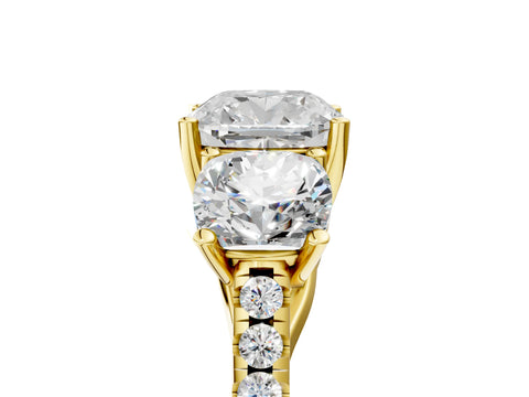 Yellow gold Three-Stone Cushion Cut Diamond Ring with Round with Moissanite side stone Pavé Band and Prong Setting_5
