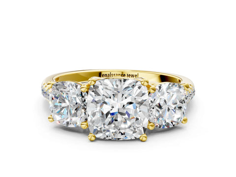Yellow gold Three-Stone Cushion Cut Diamond Ring with Round with Moissanite side stone Pavé Band and Prong Setting