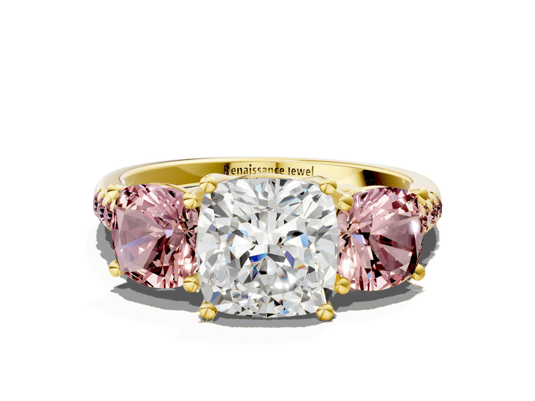 Yellow gold Three-Stone Cushion Cut Diamond Ring with Round with Morganite side stone Pavé Band and Prong Setting