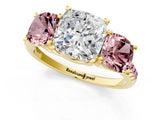 Yellow gold Three-Stone Cushion Cut Diamond Ring with Round with Morganite side stone Pavé Band and Prong Setting_1