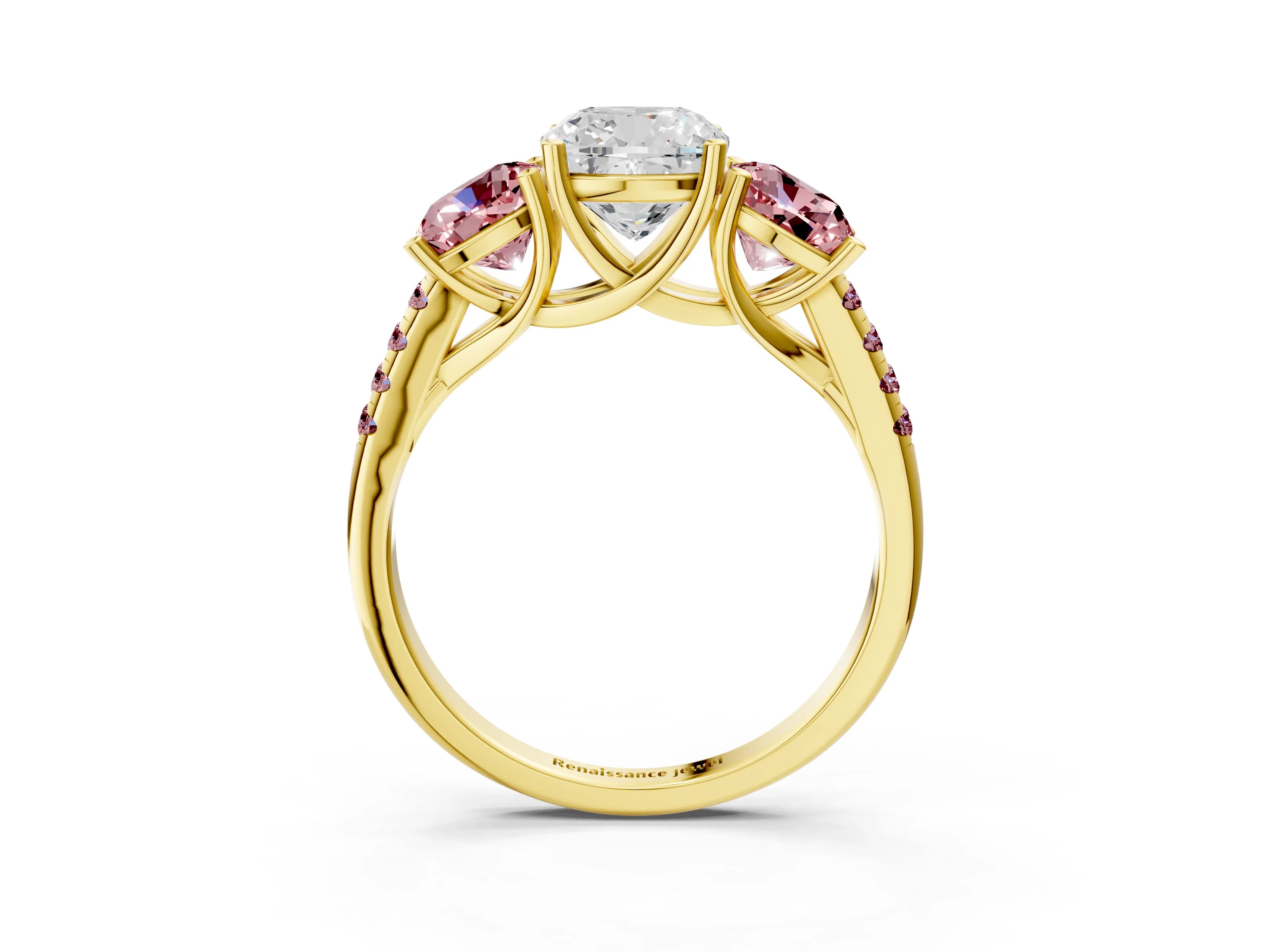 Yellow gold Three-Stone Cushion Cut Diamond Ring with Round with Morganite side stone Pavé Band and Prong Setting_3