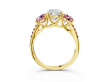 Yellow gold Three-Stone Cushion Cut Diamond Ring with Round with Morganite side stone Pavé Band and Prong Setting_3