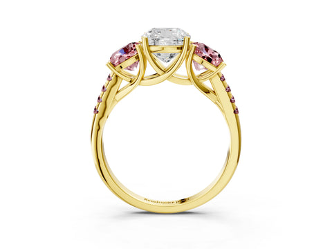 Yellow gold Three-Stone Cushion Cut Diamond Ring with Round with Morganite side stone Pavé Band and Prong Setting_3