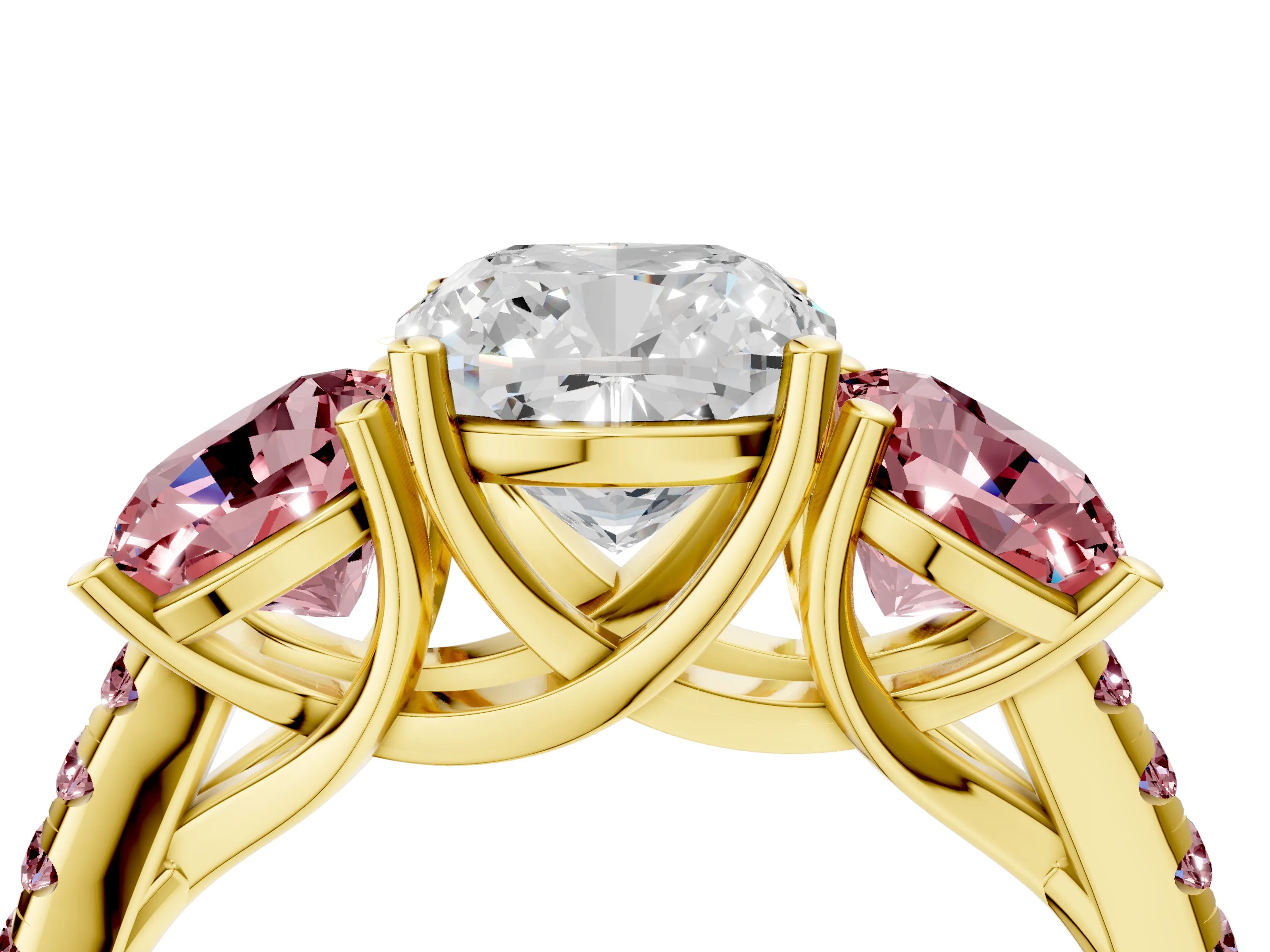 Yellow gold Three-Stone Cushion Cut Diamond Ring with Round with Morganite side stone Pavé Band and Prong Setting_4