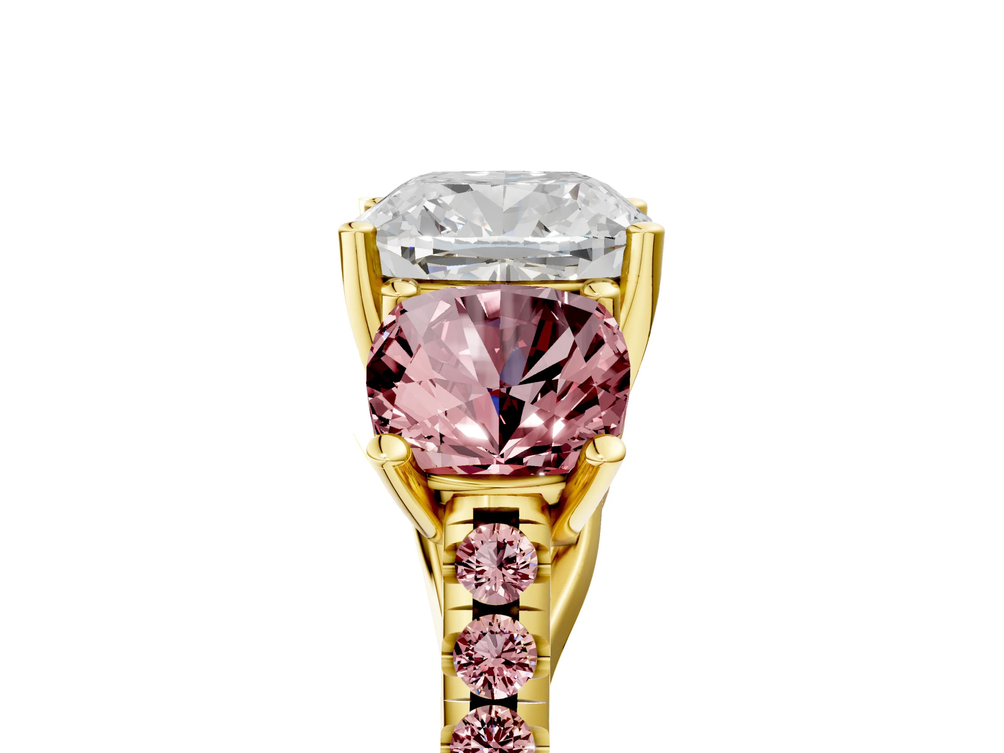 Yellow gold Three-Stone Cushion Cut Diamond Ring with Round with Morganite side stone Pavé Band and Prong Setting_5