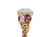 Yellow gold Three-Stone Cushion Cut Diamond Ring with Round with Morganite side stone Pavé Band and Prong Setting_5