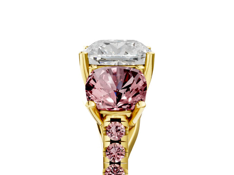 Yellow gold Three-Stone Cushion Cut Diamond Ring with Round with Morganite side stone Pavé Band and Prong Setting_5