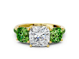 Yellow gold Three-Stone Cushion Cut Diamond Ring with Round with Peridot side stone Pavé Band and Prong Setting