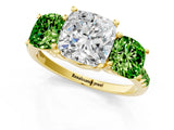 Yellow gold Three-Stone Cushion Cut Diamond Ring with Round with Peridot side stone Pavé Band and Prong Setting_1