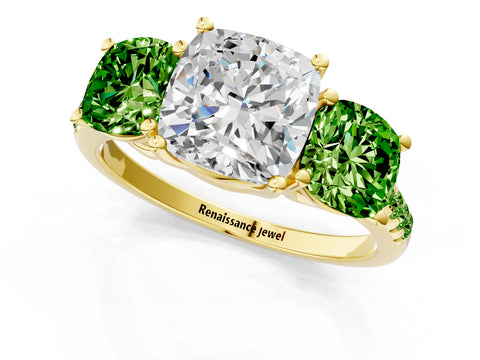 Yellow gold Three-Stone Cushion Cut Diamond Ring with Round with Peridot side stone Pavé Band and Prong Setting_1