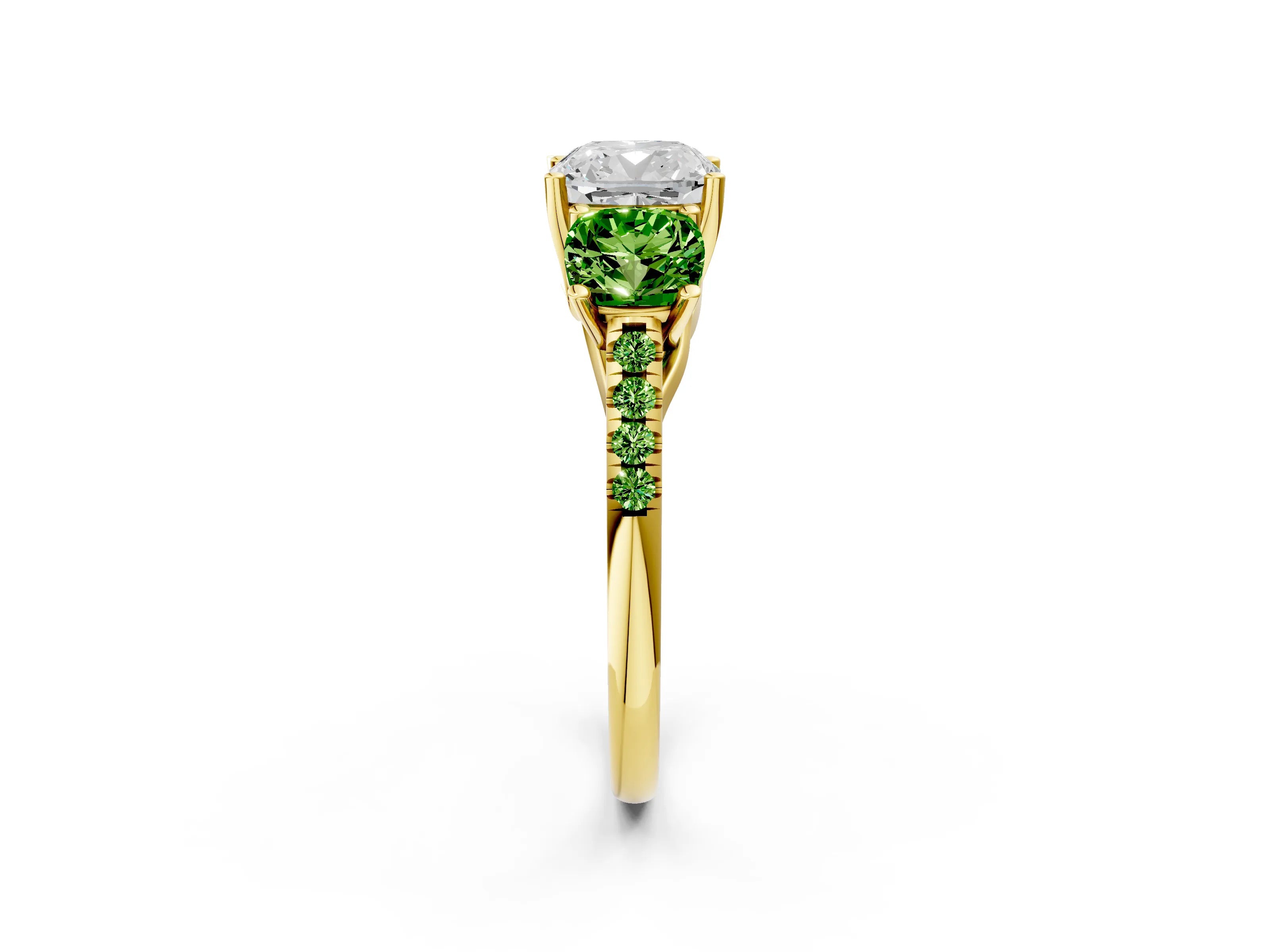 Yellow gold Three-Stone Cushion Cut Diamond Ring with Round with Peridot side stone Pavé Band and Prong Setting_2