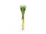 Yellow gold Three-Stone Cushion Cut Diamond Ring with Round with Peridot side stone Pavé Band and Prong Setting_2