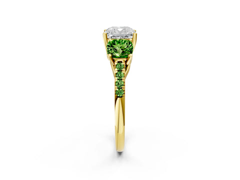 Yellow gold Three-Stone Cushion Cut Diamond Ring with Round with Peridot side stone Pavé Band and Prong Setting_2