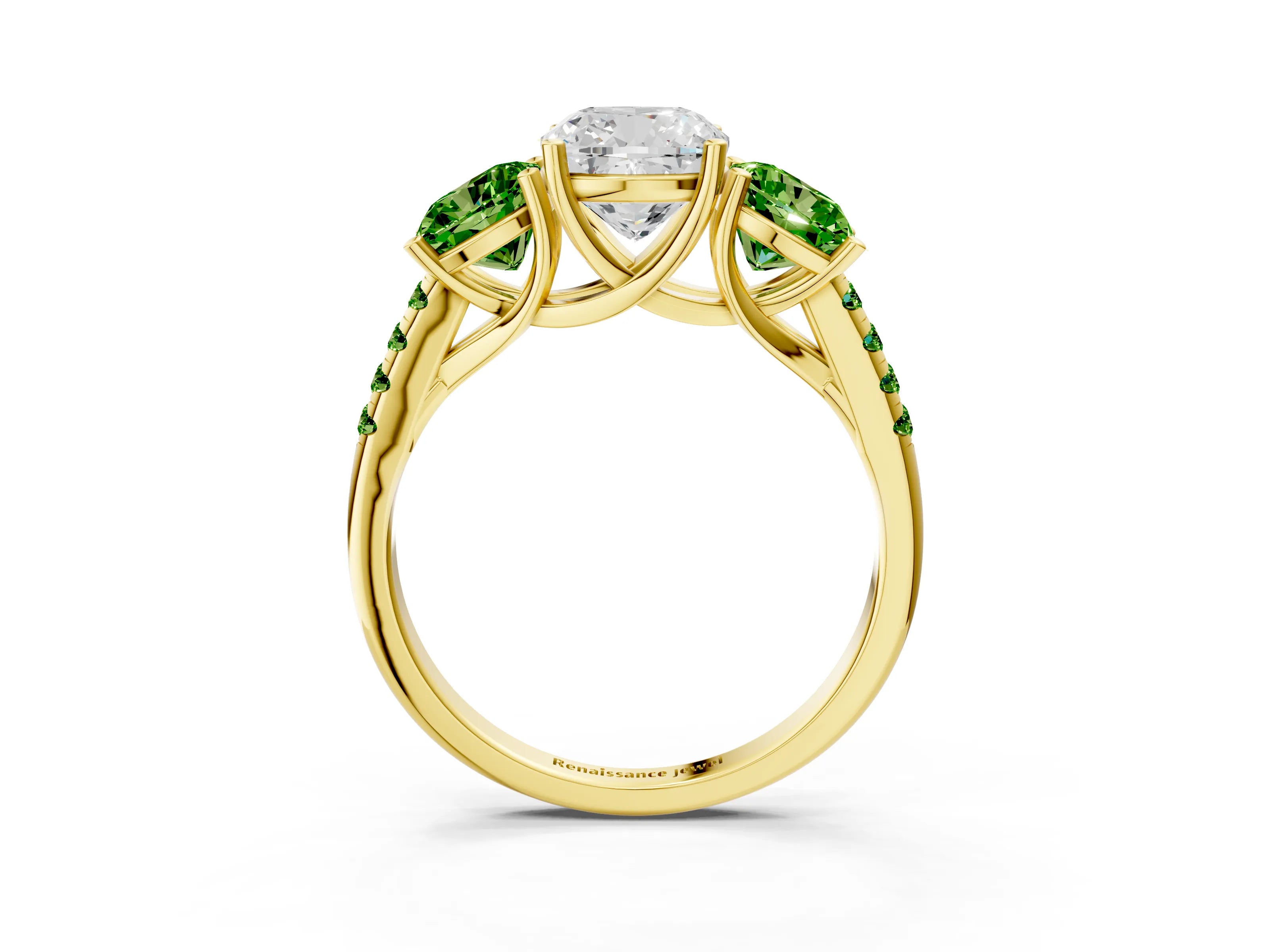 Yellow gold Three-Stone Cushion Cut Diamond Ring with Round with Peridot side stone Pavé Band and Prong Setting_3