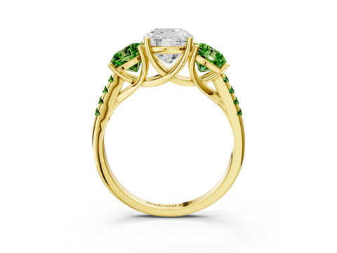 Yellow gold Three-Stone Cushion Cut Diamond Ring with Round with Peridot side stone Pavé Band and Prong Setting_3