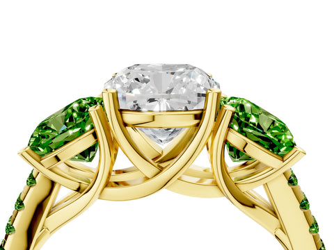 Yellow gold Three-Stone Cushion Cut Diamond Ring with Round with Peridot side stone Pavé Band and Prong Setting_4