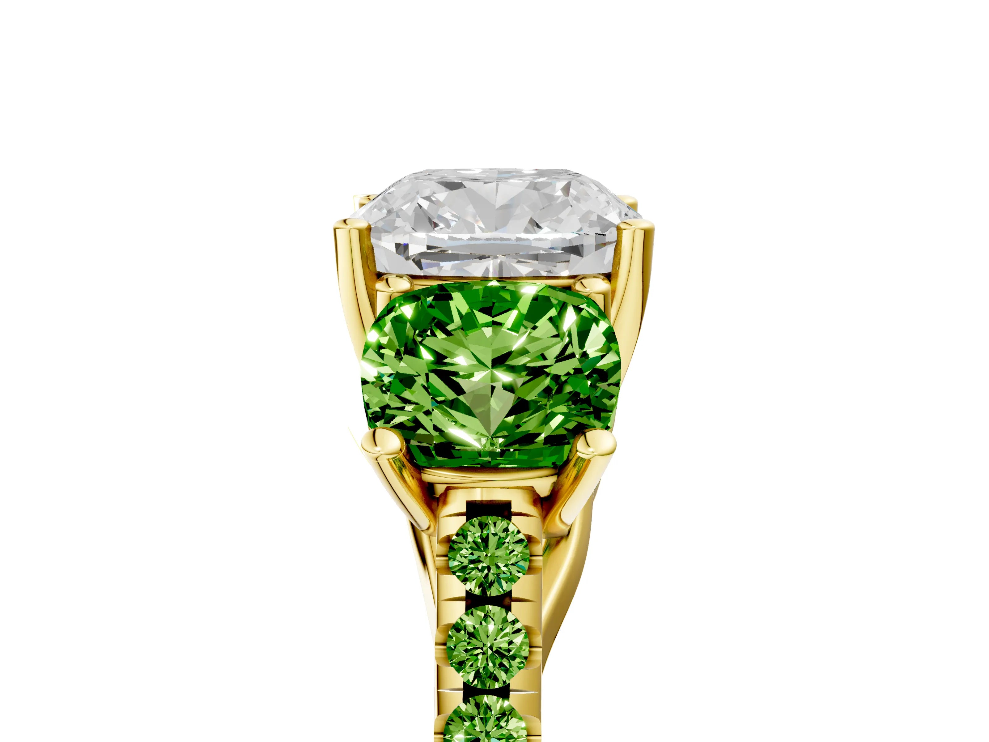 Yellow gold Three-Stone Cushion Cut Diamond Ring with Round with Peridot side stone Pavé Band and Prong Setting_5