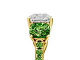 Yellow gold Three-Stone Cushion Cut Diamond Ring with Round with Peridot side stone Pavé Band and Prong Setting_5