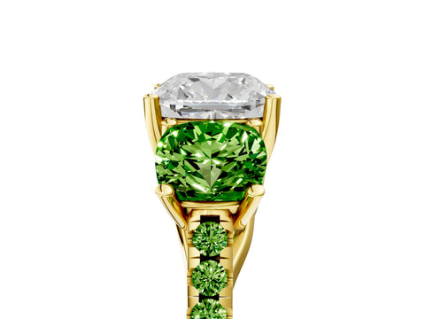 Yellow gold Three-Stone Cushion Cut Diamond Ring with Round with Peridot side stone Pavé Band and Prong Setting_5