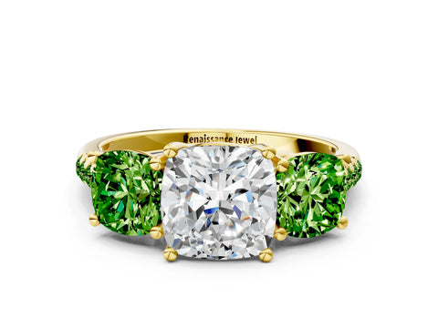 Yellow gold Three-Stone Cushion Cut Diamond Ring with Round with Peridot side stone Pavé Band and Prong Setting