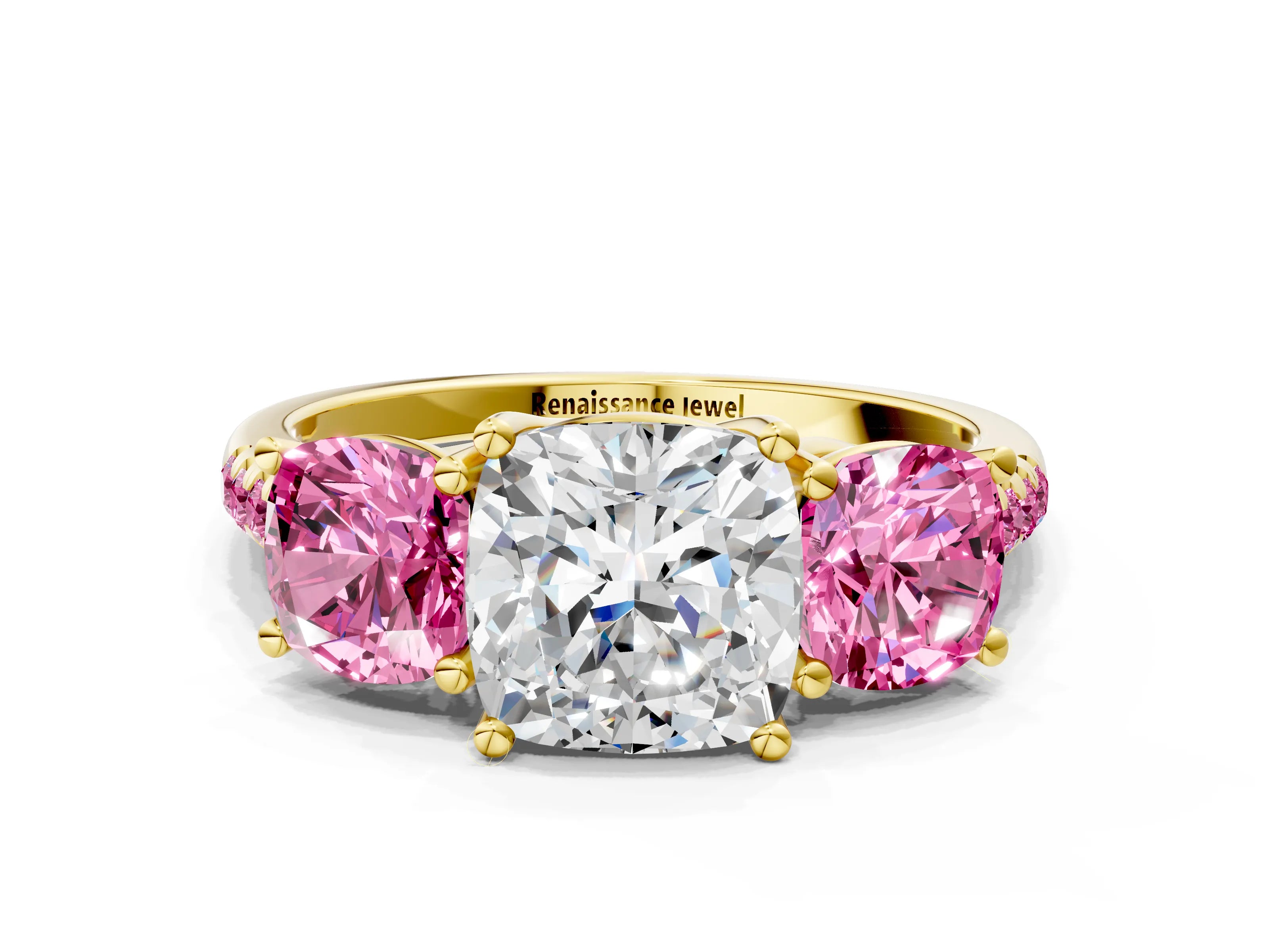 Yellow gold Three-Stone Cushion Cut Diamond Ring with Round with Pink Sapphire side stone Pavé Band and Prong Setting