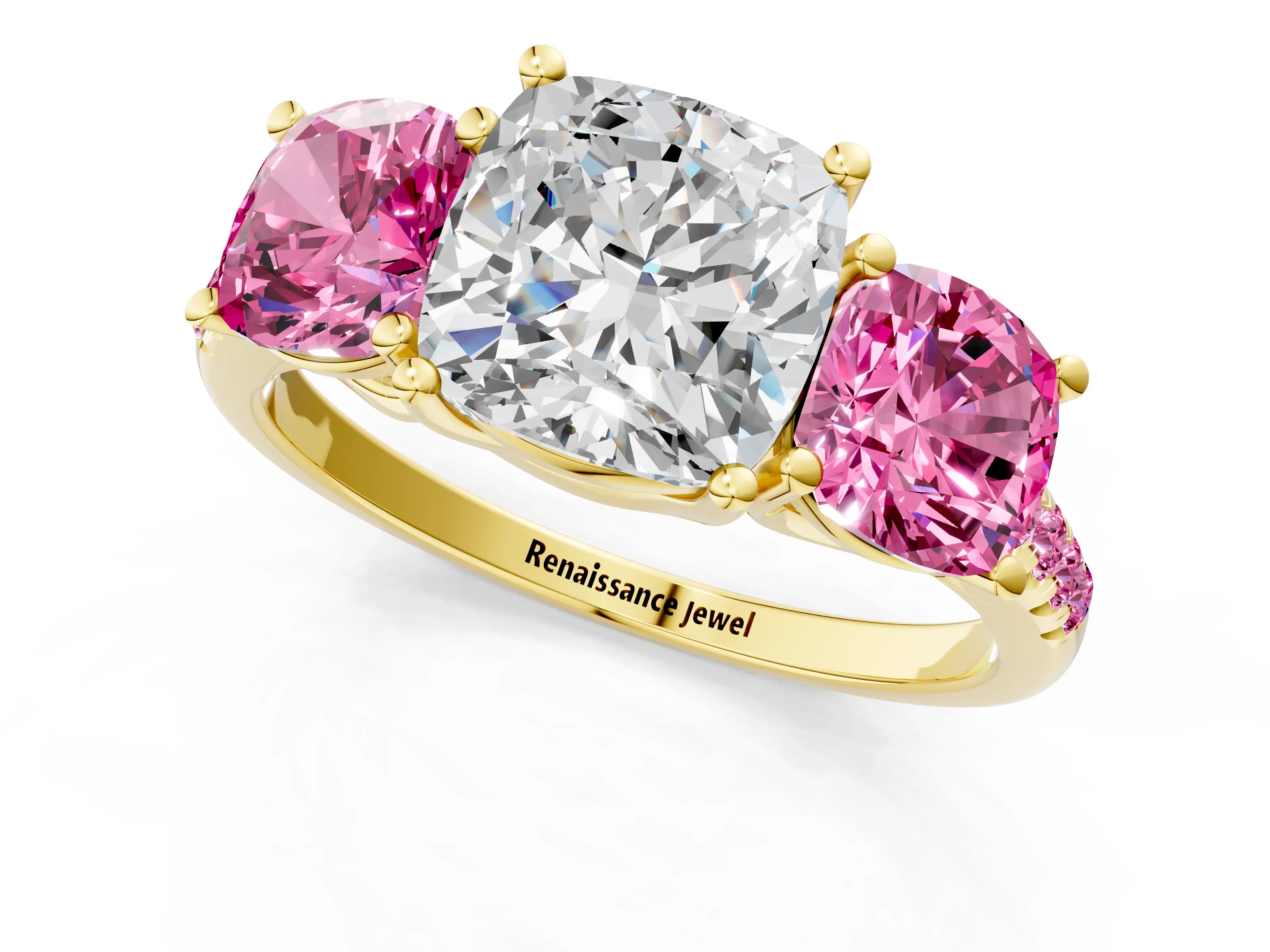 Yellow gold Three-Stone Cushion Cut Diamond Ring with Round with Pink Sapphire side stone Pavé Band and Prong Setting_1