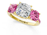Yellow gold Three-Stone Cushion Cut Diamond Ring with Round with Pink Sapphire side stone Pavé Band and Prong Setting_1