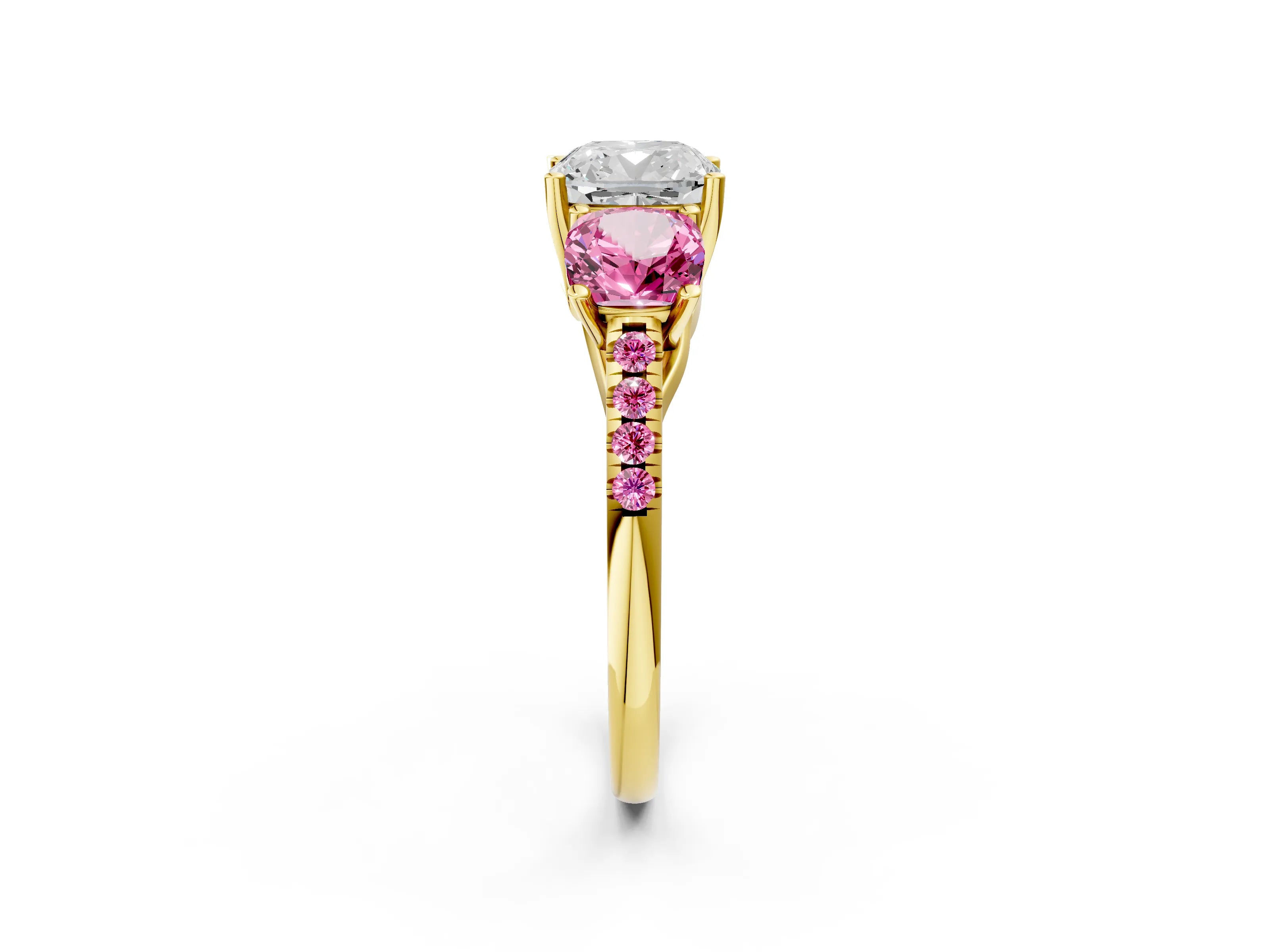 Yellow gold Three-Stone Cushion Cut Diamond Ring with Round with Pink Sapphire side stone Pavé Band and Prong Setting_2