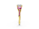 Yellow gold Three-Stone Cushion Cut Diamond Ring with Round with Pink Sapphire side stone Pavé Band and Prong Setting_2