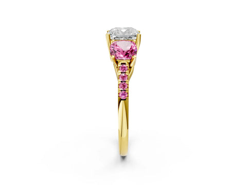 Yellow gold Three-Stone Cushion Cut Diamond Ring with Round with Pink Sapphire side stone Pavé Band and Prong Setting_2