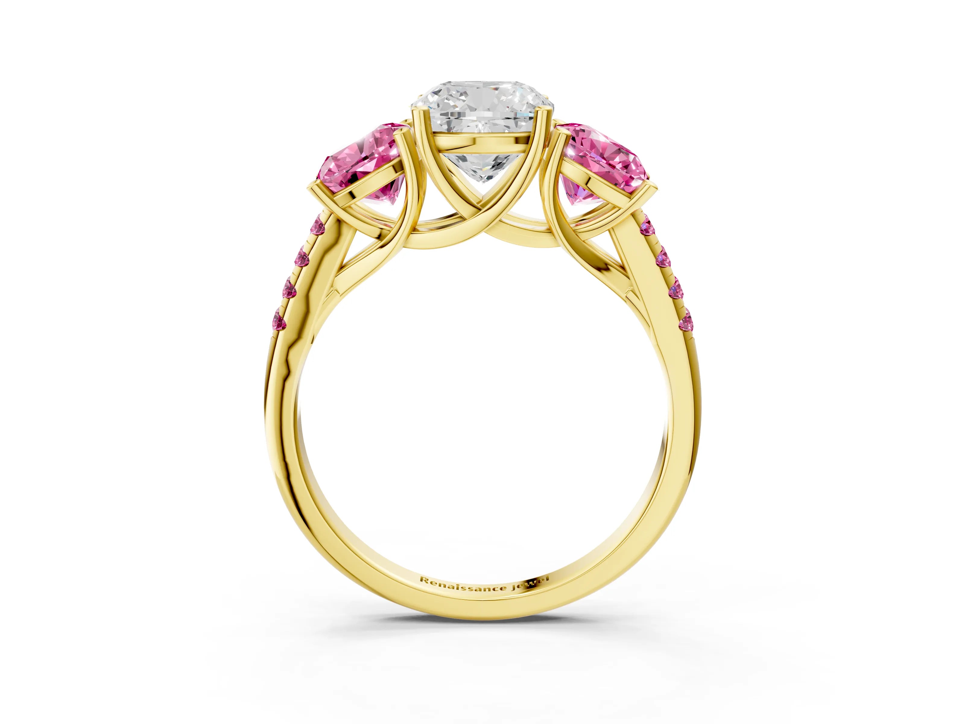 Yellow gold Three-Stone Cushion Cut Diamond Ring with Round with Pink Sapphire side stone Pavé Band and Prong Setting_3