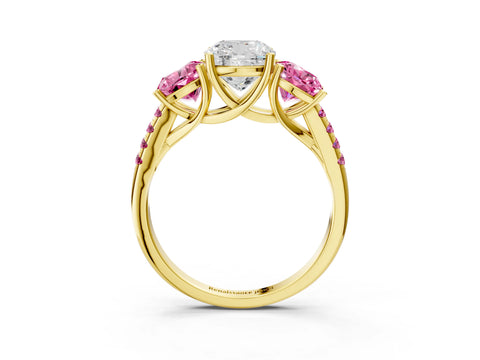 Yellow gold Three-Stone Cushion Cut Diamond Ring with Round with Pink Sapphire side stone Pavé Band and Prong Setting_3