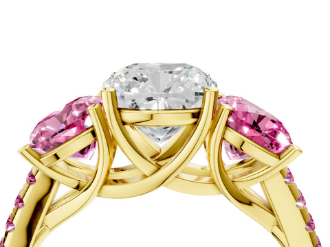 Yellow gold Three-Stone Cushion Cut Diamond Ring with Round with Pink Sapphire side stone Pavé Band and Prong Setting_4