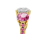 Yellow gold Three-Stone Cushion Cut Diamond Ring with Round with Pink Sapphire side stone Pavé Band and Prong Setting_5
