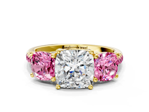 Yellow gold Three-Stone Cushion Cut Diamond Ring with Round with Pink Sapphire side stone Pavé Band and Prong Setting