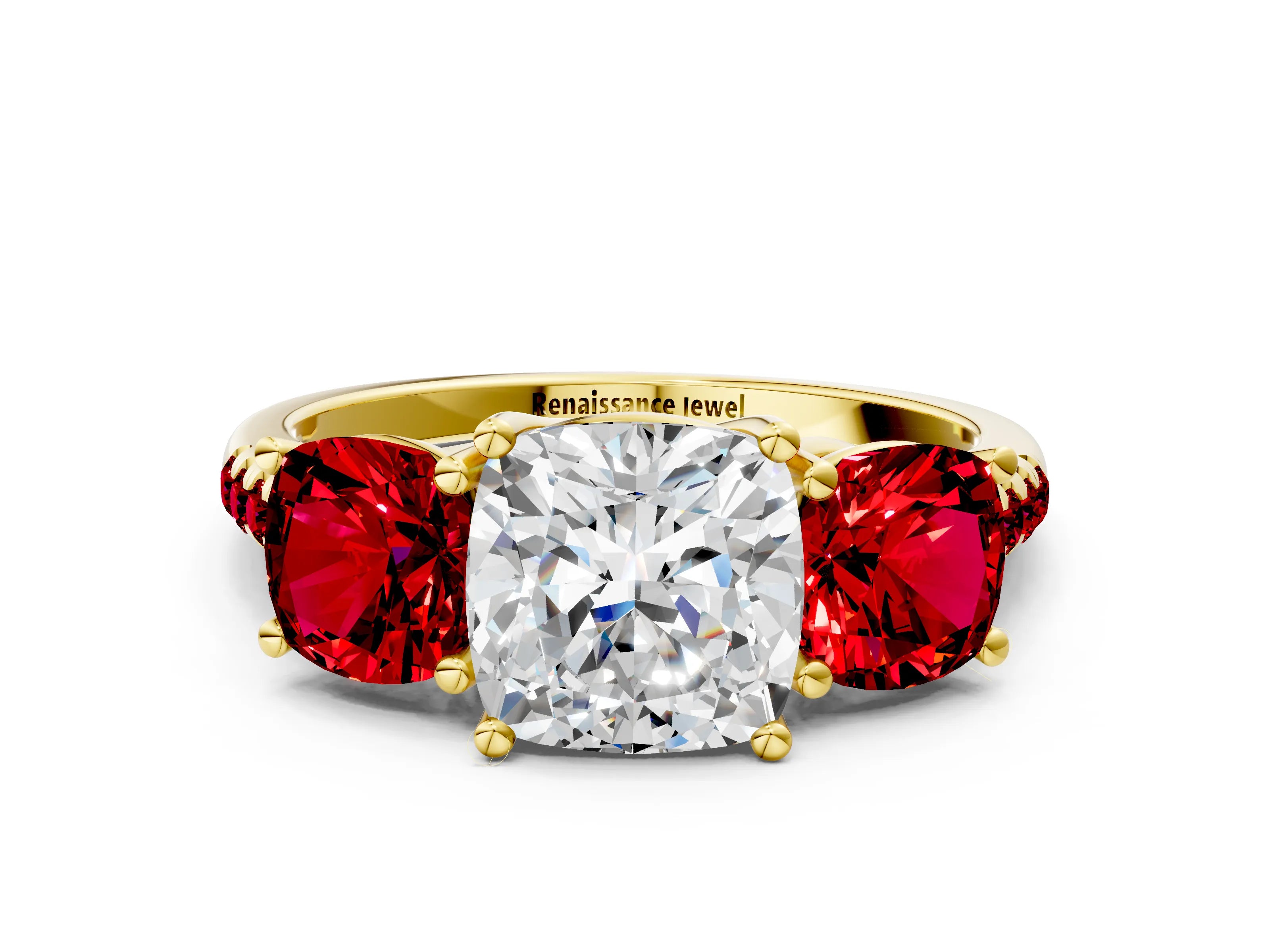 Yellow gold Three-Stone Cushion Cut Diamond Ring with Round with Ruby side stone Pavé Band and Prong Setting