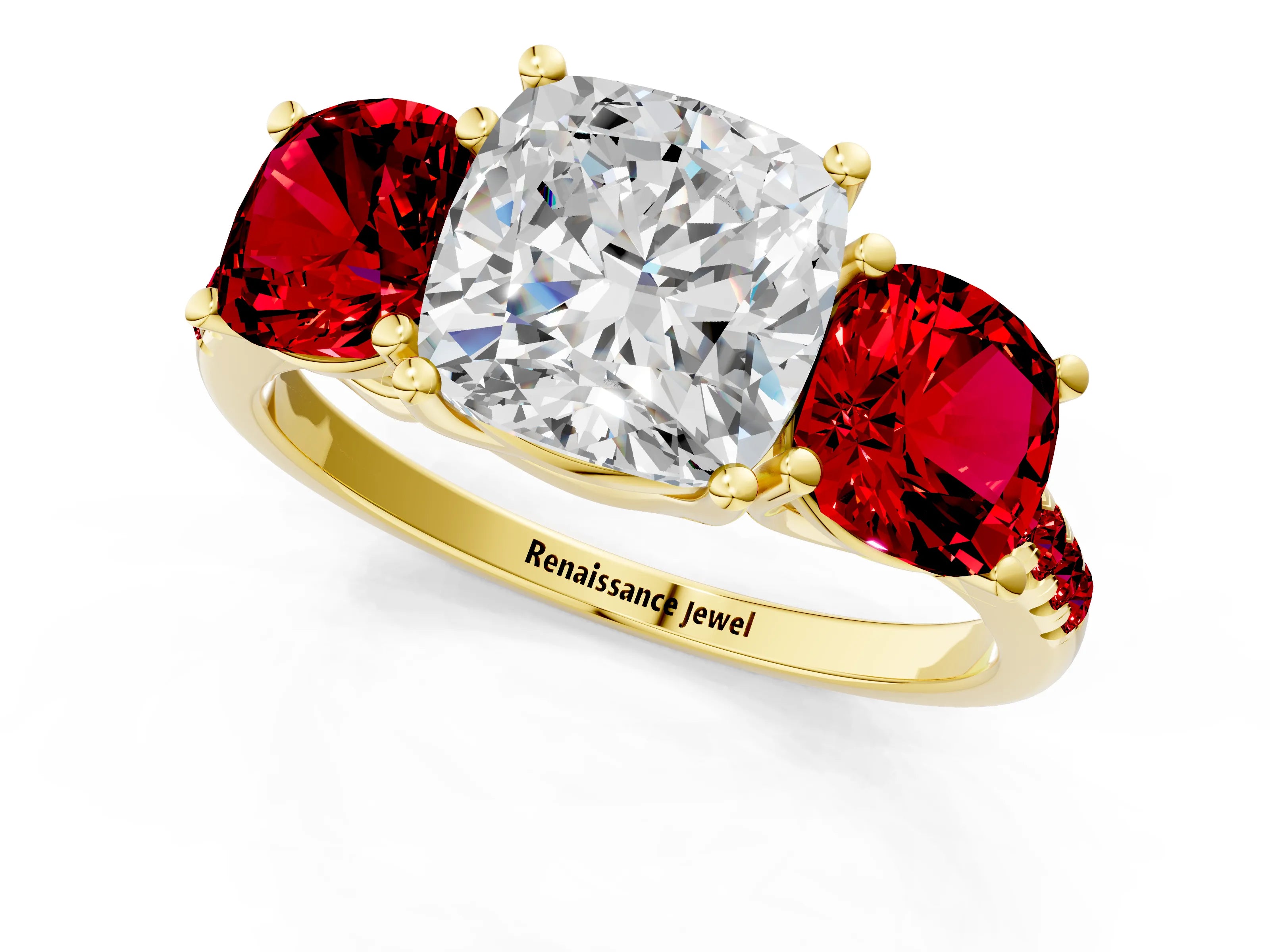 Yellow gold Three-Stone Cushion Cut Diamond Ring with Round with Ruby side stone Pavé Band and Prong Setting_1