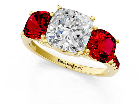 Yellow gold Three-Stone Cushion Cut Diamond Ring with Round with Ruby side stone Pavé Band and Prong Setting_1