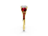 Yellow gold Three-Stone Cushion Cut Diamond Ring with Round with Ruby side stone Pavé Band and Prong Setting_2