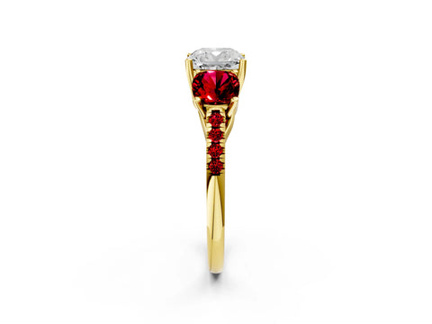 Yellow gold Three-Stone Cushion Cut Diamond Ring with Round with Ruby side stone Pavé Band and Prong Setting_2