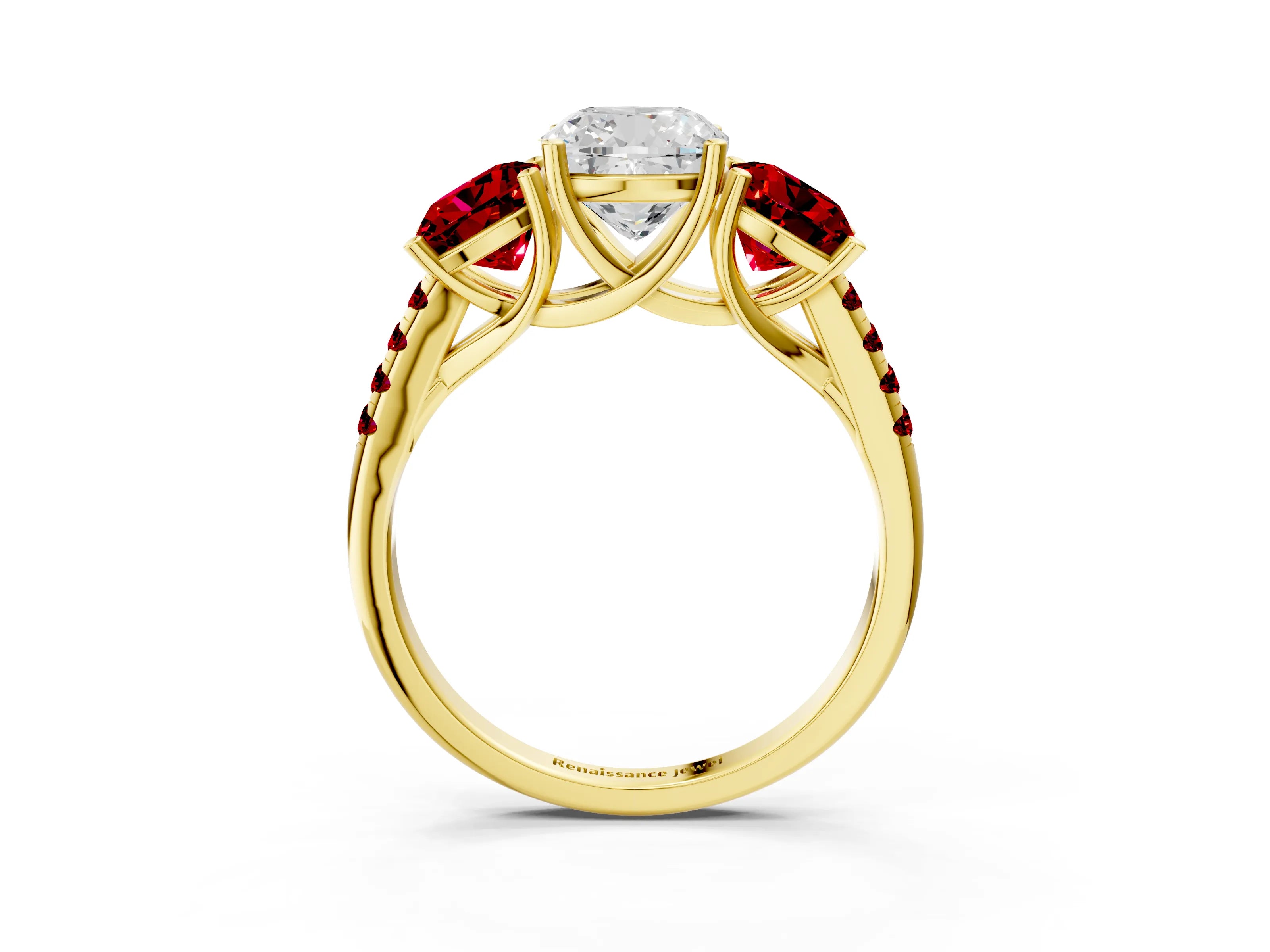 Yellow gold Three-Stone Cushion Cut Diamond Ring with Round with Ruby side stone Pavé Band and Prong Setting_3