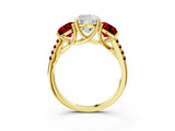 Yellow gold Three-Stone Cushion Cut Diamond Ring with Round with Ruby side stone Pavé Band and Prong Setting_3