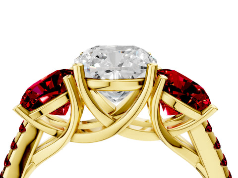 Yellow gold Three-Stone Cushion Cut Diamond Ring with Round with Ruby side stone Pavé Band and Prong Setting_4